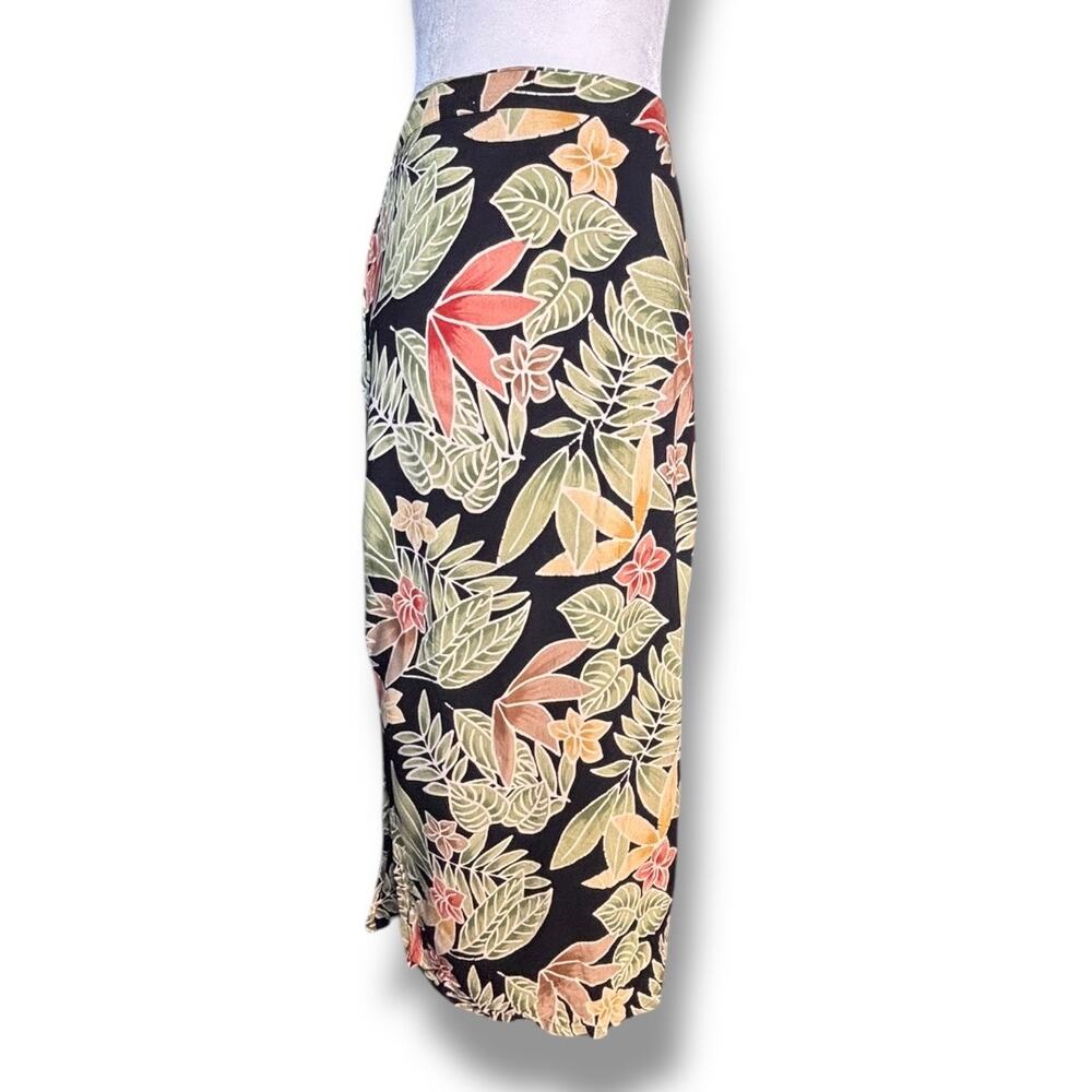 Vintage Tropical Floral Midi Skirt Rayon Island Print Black Green Size M